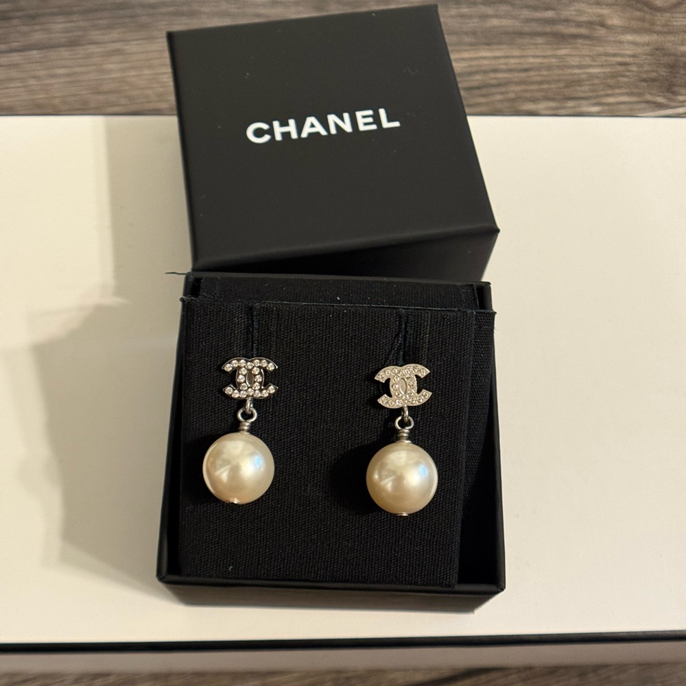 Chanel Classic Silver Crystal CC Pearl Dangle Earrings
